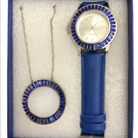 Watch & Necklace Set Strada Blue Japanese Stainless Steel 24” Silvertone - Picture 2 of 4